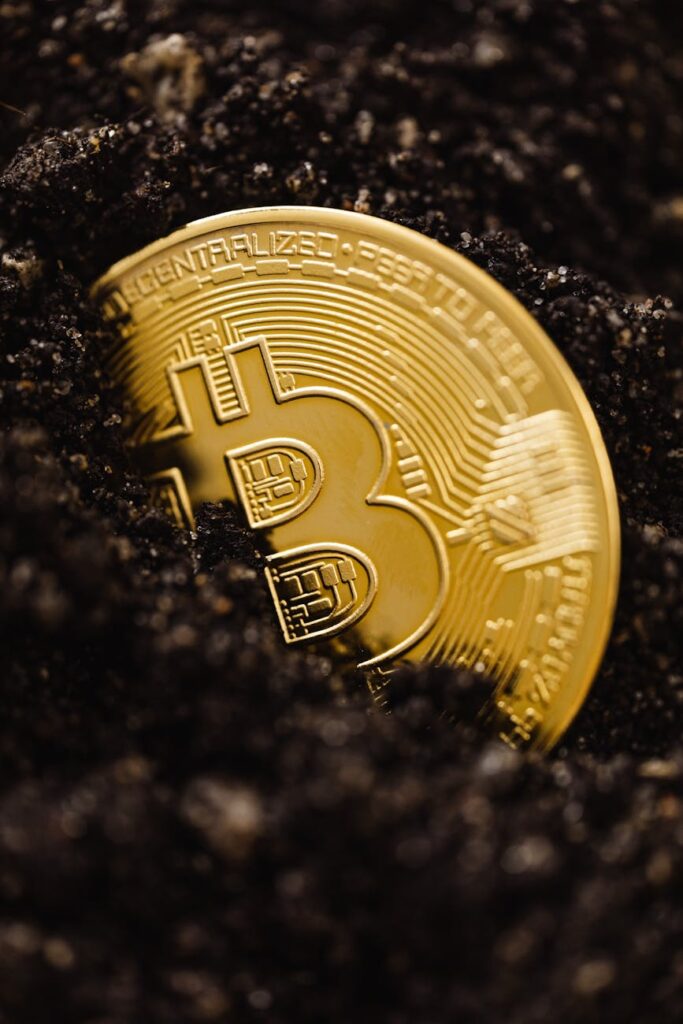 close up shot of a bitcoin buried in the ground